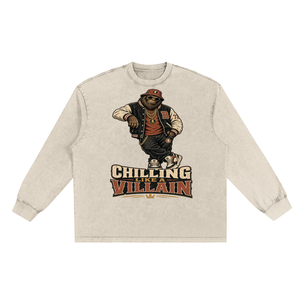 Chilling Like a Villain — Snow Washed Frayed Edge Long Sleeve T-Shirt