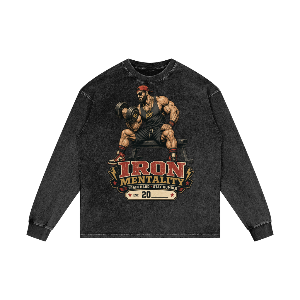 Iron Mentality-Acid Wash Oversize Long Sleeve T-Shirt