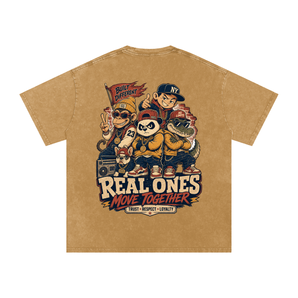Real ones move together-Snow Washed Oversized Cotton T-Shirt