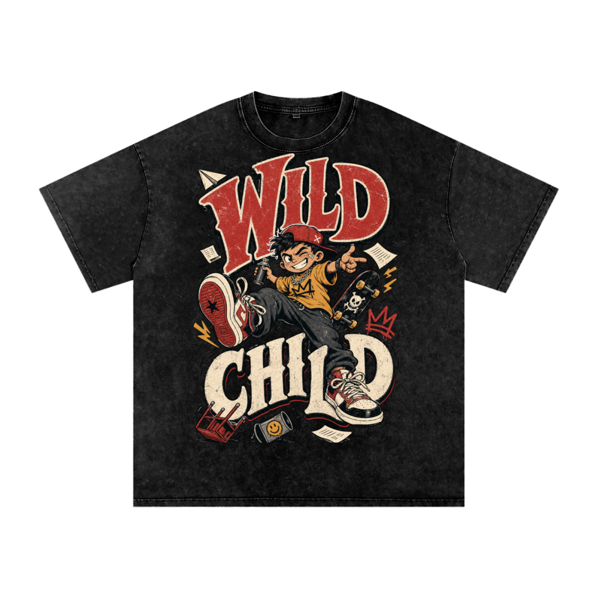 Wild child-Snow Washed Oversized Cotton T-Shirt