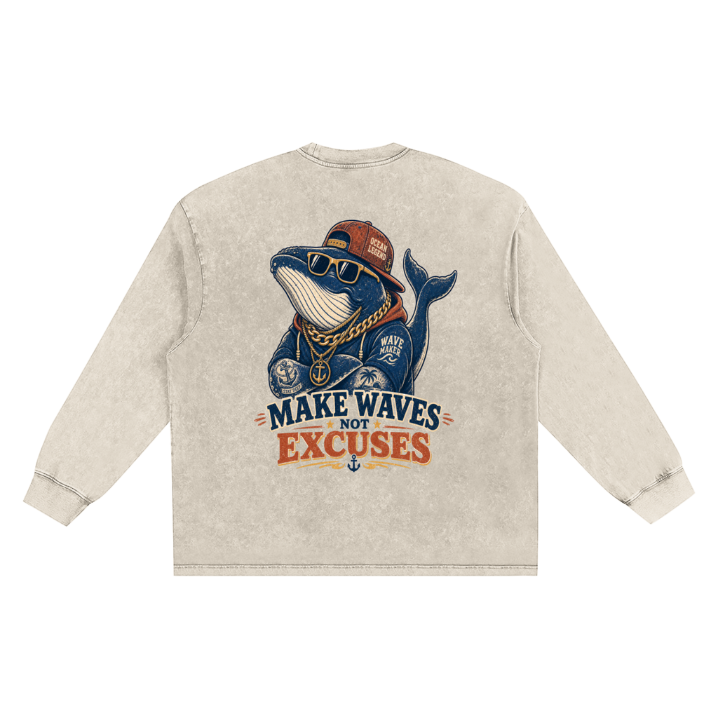 Make waves not excuses-Snow Washed Frayed Edge long sleeve  t-shirt(This product ships from oversees ship time may take longer)