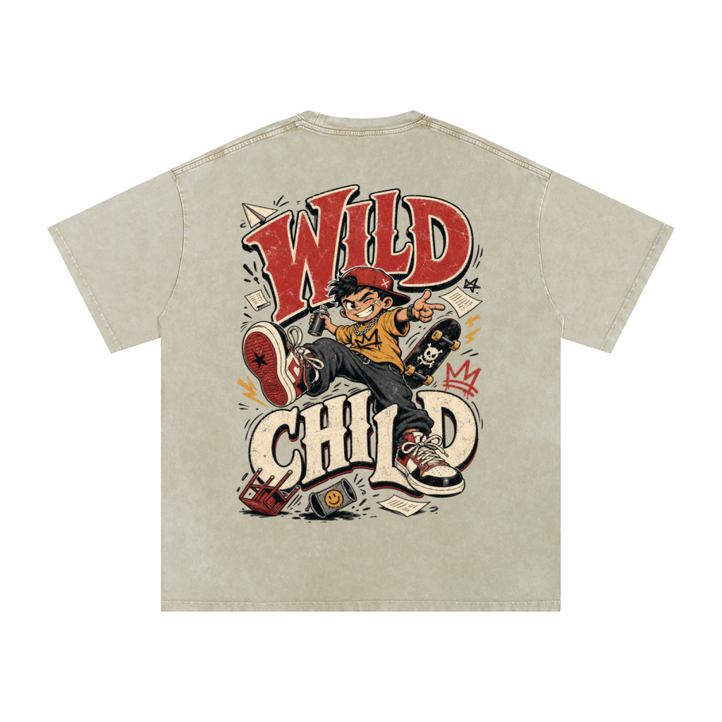 Wild child-Snow Washed Oversized Cotton T-Shirt