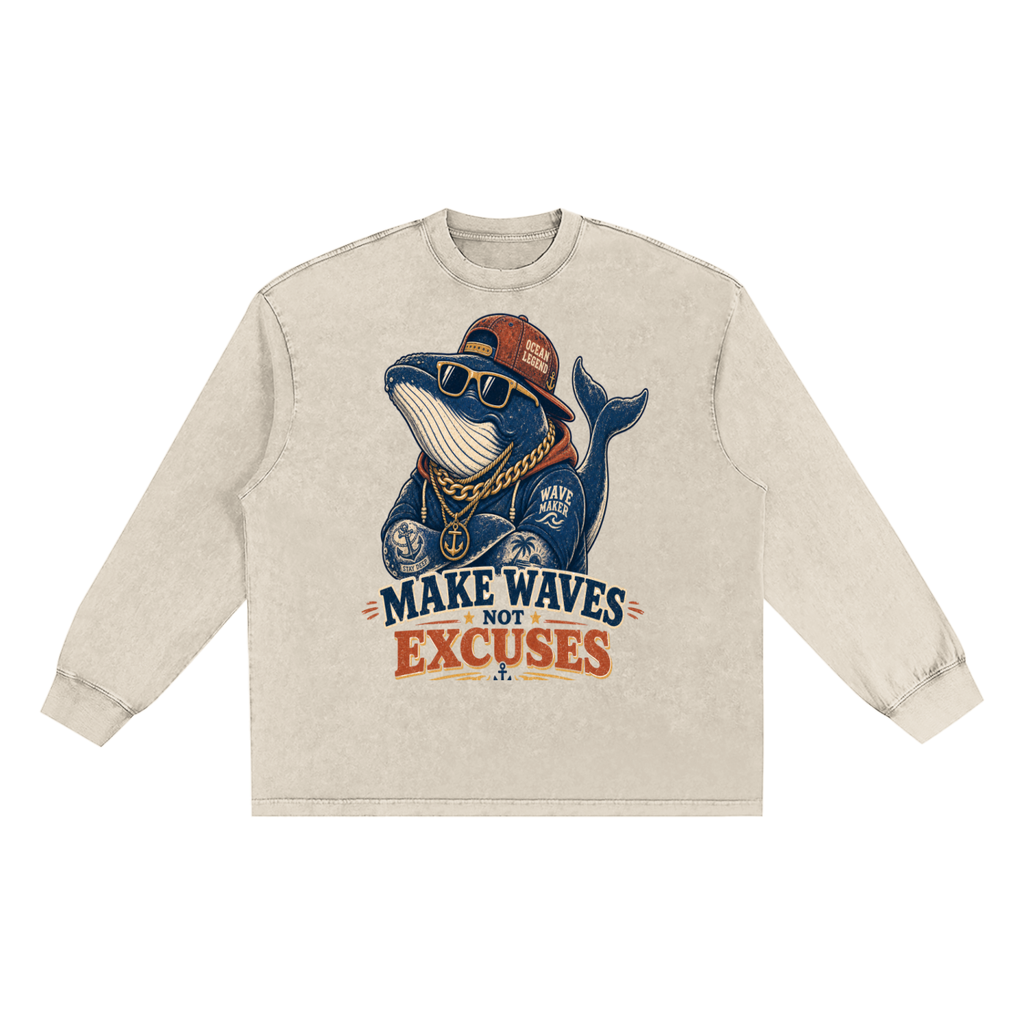 Make waves not excuses-Snow Washed Frayed Edge long sleeve  t-shirt(This product ships from oversees ship time may take longer)