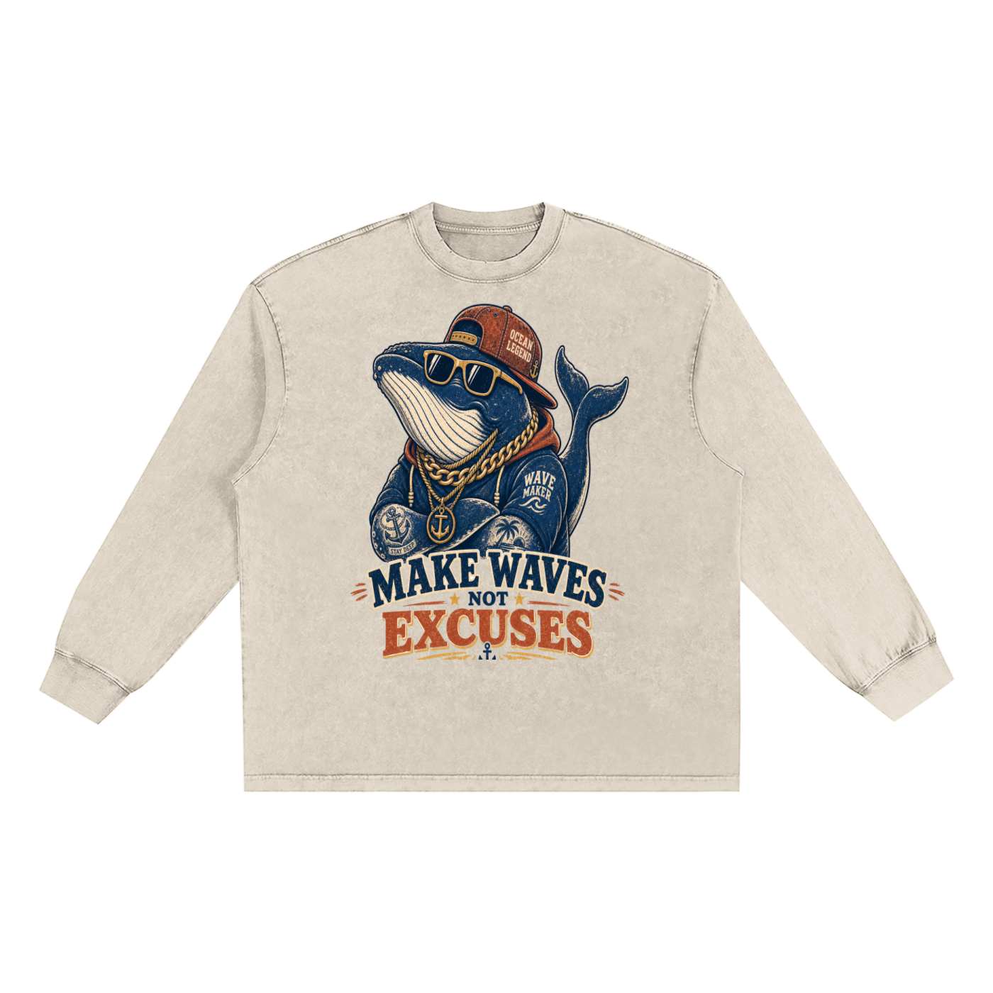 Make waves not excuses-Snow Washed Frayed Edge long sleeve  t-shirt(This product ships from oversees ship time may take longer)