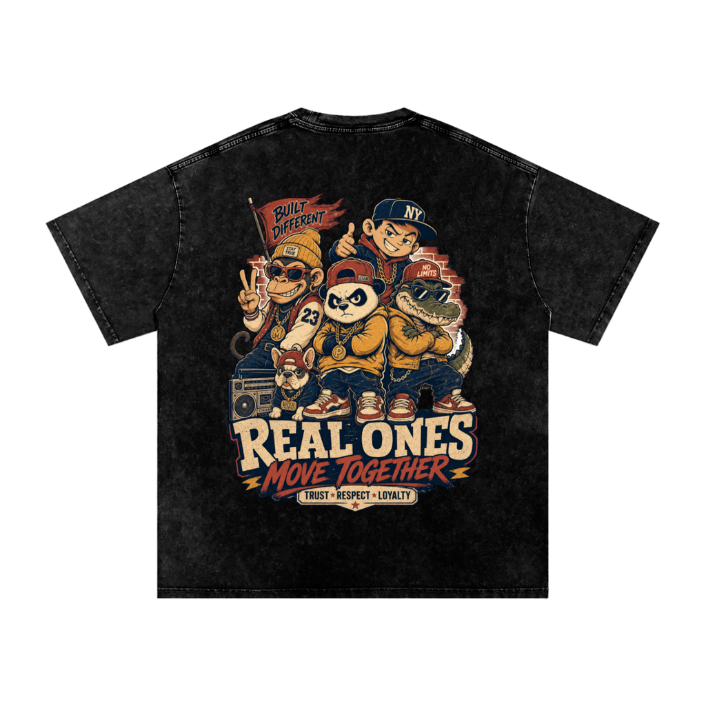 Real ones move together-Snow Washed Oversized Cotton T-Shirt