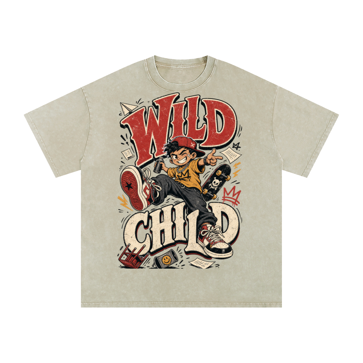 Wild child-Snow Washed Oversized Cotton T-Shirt