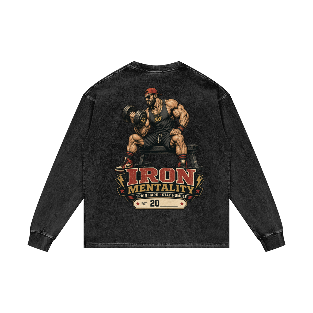 Iron Mentality-Acid Wash Oversize Long Sleeve T-Shirt