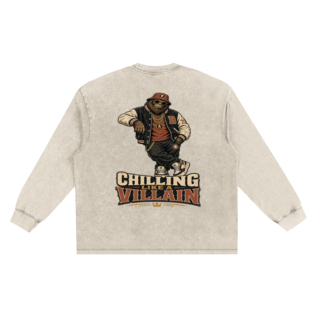 Chilling Like a Villain — Snow Washed Frayed Edge Long Sleeve T-Shirt