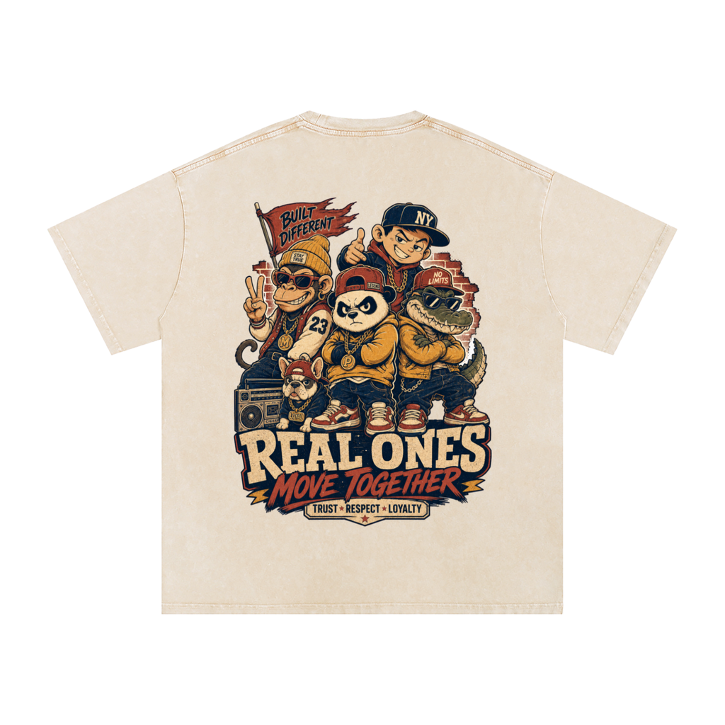 Real ones move together-Snow Washed Oversized Cotton T-Shirt